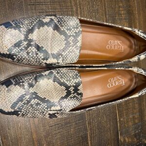 Franco Sarto Beige and Black Snake-Print Leather Loafers